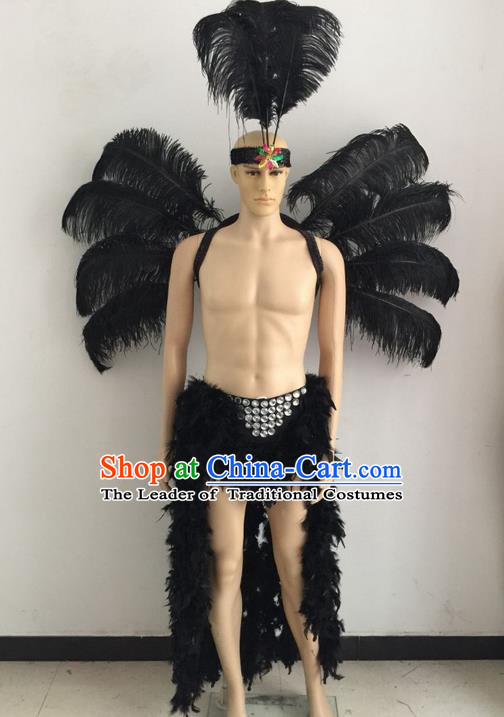 Top Grade Professional Stage Show Catwalks Halloween Black Feather Wings Costumes, Brazilian Rio Carnival Samba Opening Dance Custom-made Customized Swimsuit Clothing for Men