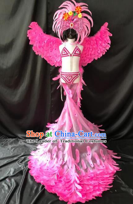 Top Grade Professional Stage Show Catwalks Halloween Wings Pink Feather Bikini Costumes and Headpiece, Brazilian Rio Carnival Samba Opening Dance Modern Fancywork Long Trailing Dress Clothing for Kids