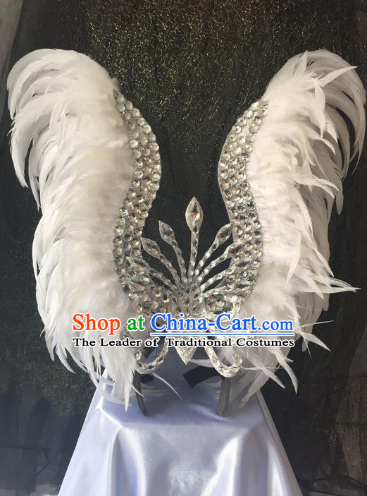 Top Grade Professional Stage Show Catwalks Brazil Halloween White Feather Deluxe Headpiece, Brazilian Rio Carnival Samba Opening Dance Modern Fancywork Big Hair Accessories for Women