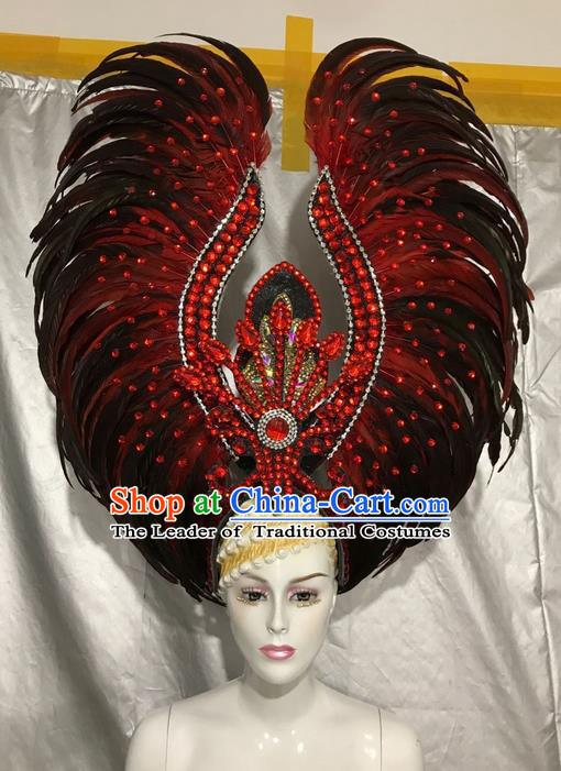 Top Grade Professional Stage Show Catwalks Brazil Halloween Red Feather Deluxe Headpiece, Brazilian Rio Carnival Samba Opening Dance Modern Fancywork Big Feather Headwear for Women