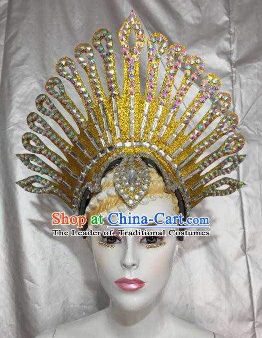 Top Grade Professional Stage Show Catwalks Brazil Halloween Crystal Headpiece, Brazilian Rio Carnival Samba Opening Dance Modern Fancywork Headwear for Women