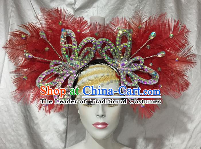 Top Grade Professional Stage Show Catwalks Brazil Crystal Headpiece, Brazilian Rio Carnival Samba Opening Dance Modern Fancywork Red Feather Headwear for Women