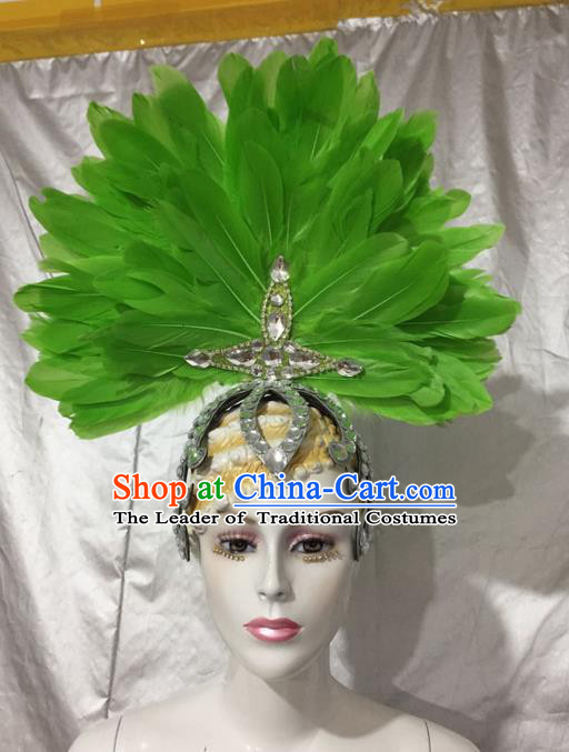 Top Grade Professional Stage Show Catwalks Brazil Crystal Headpiece Hat, Brazilian Rio Carnival Samba Opening Dance Modern Fancywork Green Feather Headwear for Women