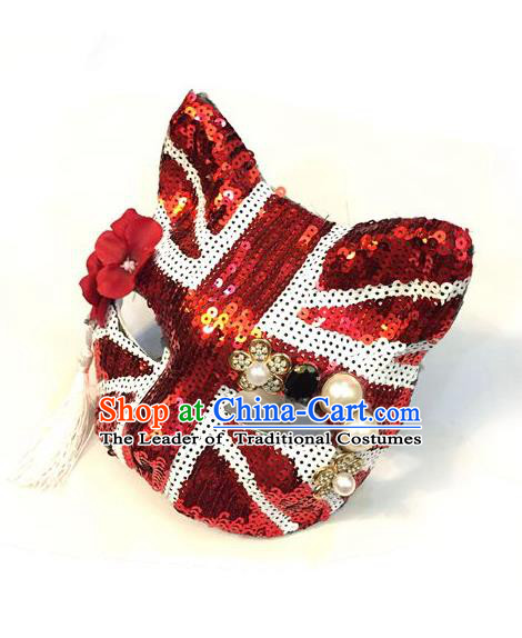 Top Grade Chinese Theatrical Luxury Headdress Ornamental Red Cat Mask, Halloween Fancy Ball Ceremonial Occasions Handmade Paillette Face Mask for Men