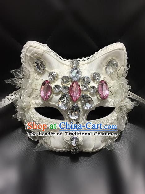 Top Grade Chinese Theatrical Luxury Headdress Ornamental White Cat Mask, Halloween Fancy Ball Ceremonial Occasions Handmade Crystal Face Mask for Men
