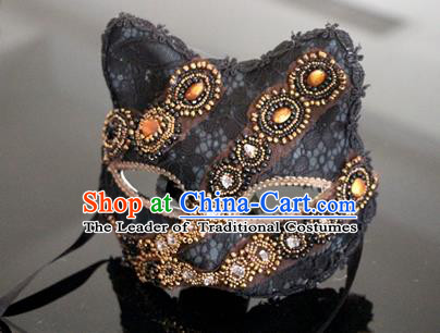 Top Grade Chinese Theatrical Luxury Headdress Ornamental Black Cat Mask, Halloween Fancy Ball Ceremonial Occasions Handmade Crystal Face Mask for Men