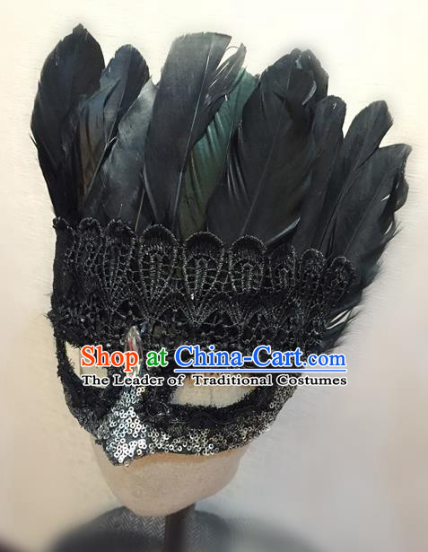 Top Grade Chinese Theatrical Luxury Headdress Ornamental Black Feather Mask, Halloween Fancy Ball Ceremonial Occasions Handmade Lace Face Mask for Men