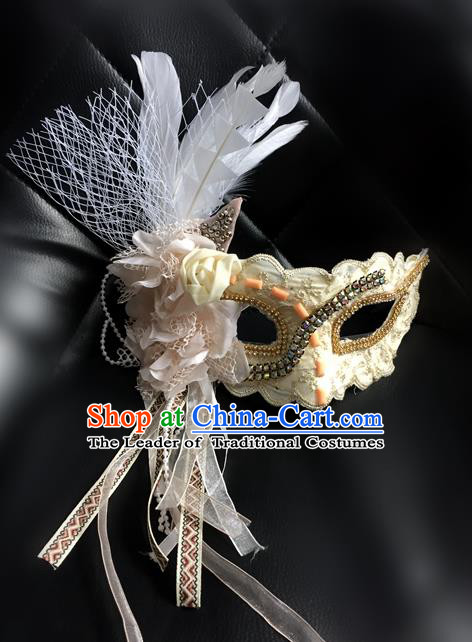 Top Grade Chinese Theatrical Luxury Headdress Ornamental Beige Lace Mask, Halloween Fancy Ball Ceremonial Occasions Handmade Face Mask for Women