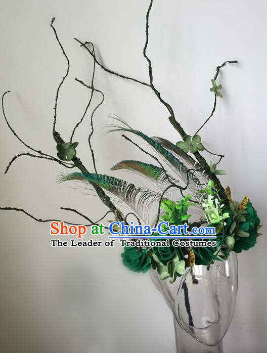 Top Grade Chinese Theatrical Luxury Headdress Ornamental Green Flowers Hair Accessories, Halloween Fancy Ball Ceremonial Occasions Handmade Witch Headwear for Women
