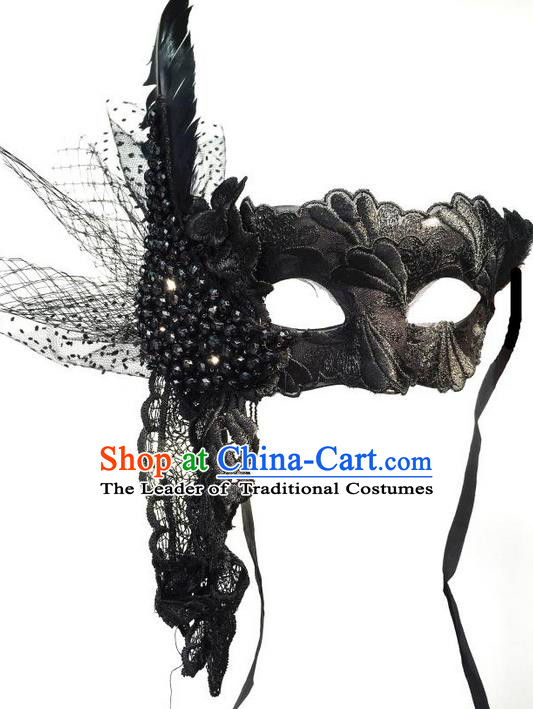 Top Grade Chinese Theatrical Luxury Headdress Ornamental Black Lace Mask, Halloween Fancy Ball Ceremonial Occasions Handmade Feather Mask Hair Accessories for Women