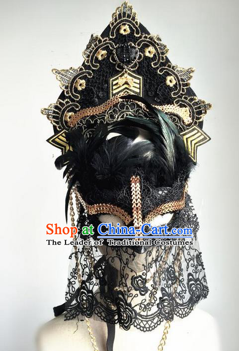 Top Grade Chinese Theatrical Luxury Headdress Ornamental Black Lace Mask and Headwear, Halloween Fancy Ball Ceremonial Occasions Handmade Mask Hair Accessories for Women