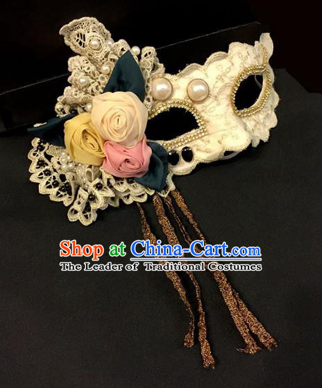 Top Grade Chinese Theatrical Headdress Traditional Ornamental White Pearl Mask, Brazilian Carnival Halloween Occasions Handmade Deluxe Lace Mask for Women