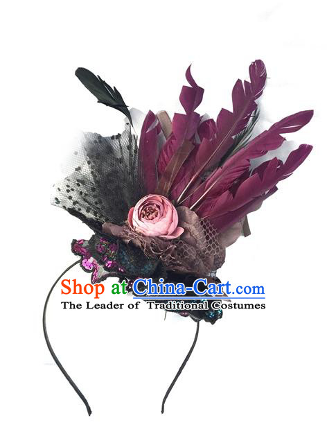 Top Grade Chinese Theatrical Headdress Ornamental Feather Hair Clasp, Asian Traditional Halloween Occasions Handmade Headwear for Women