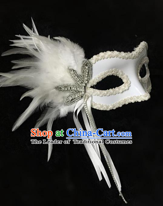Top Grade Chinese Theatrical Headdress Ornamental White Feather Mask, Asian Traditional Halloween Occasions Handmade Debutante Lace Mask for Women