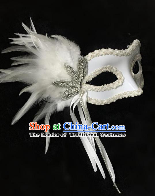 Top Grade Chinese Theatrical Headdress Ornamental White Feather Mask, Asian Traditional Halloween Occasions Handmade Debutante Lace Mask for Women