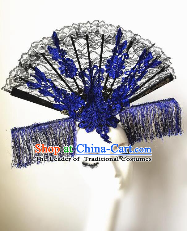 Top Grade Chinese Theatrical Headdress Ornamental Asian Headpiece Blue Tassel Fanshaped Floral Hair Accessories, Halloween Fancy Ball Ceremonial Occasions Handmade Headwear for Women