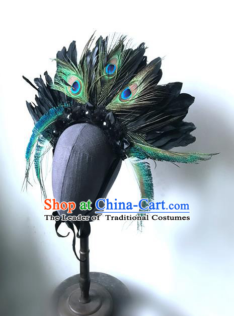Top Grade Chinese Theatrical Headdress Ornamental Asian Peacock Feathers Hair Accessories, Halloween Fancy Ball Ceremonial Occasions Handmade Headwear for Women