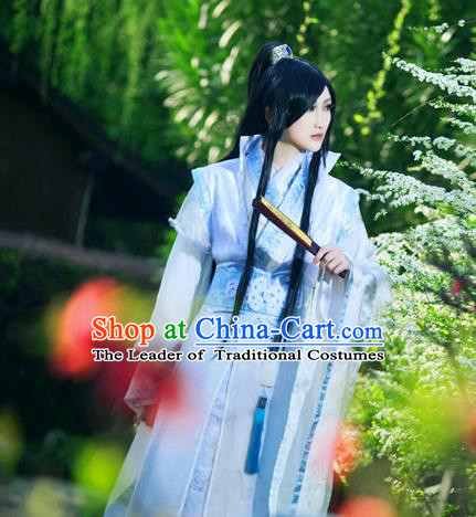Traditional Ancient Chinese Nobility Childe Blue Costume, Chinese Han Dynasty Noble Prince Robes Hanfu Clothing for Men