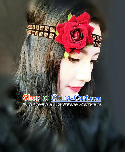 Top Grade Chinese Theatrical Traditional Ornamental Rose Hair Clasp, Brazilian Carnival Halloween Occasions Handmade Bride Vintage Headband for Women