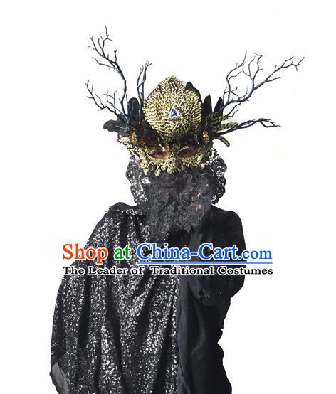 Top Grade Chinese Theatrical Headdress Ornamental Golden Mask, Brazilian Carnival Halloween Occasions Handmade Miami Debutante Mask for Women