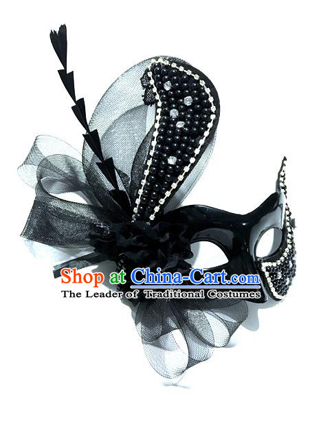 Top Grade Chinese Theatrical Headdress Ornamental Masquerade Black Mask, Brazilian Carnival Halloween Occasions Handmade Miami Debutante Feather Mask for Women