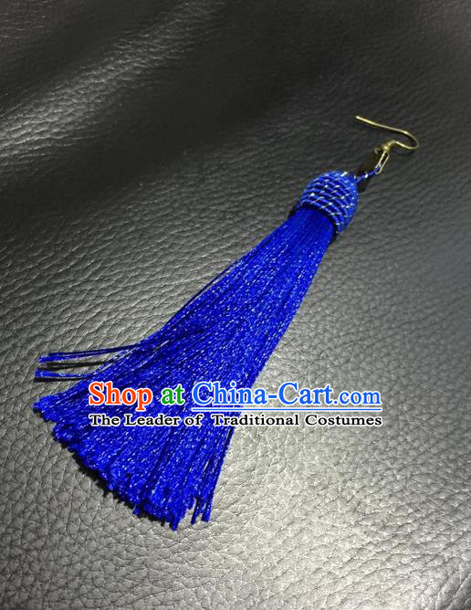 Top Grade Chinese Theatrical Headdress Ornamental Masquerade Earrings, Brazilian Carnival Halloween Occasions Handmade Miami Debutante Blue Tassel Eardrop for Women