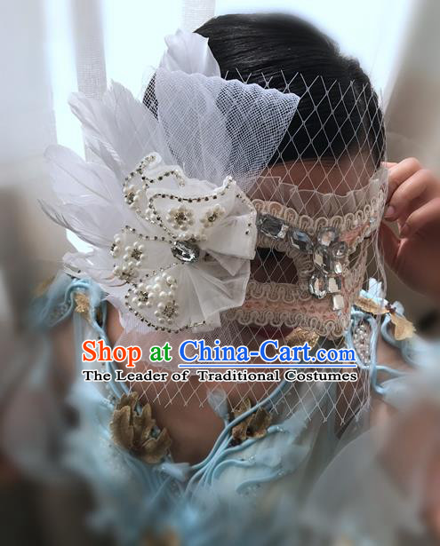 Top Grade Chinese Theatrical Headdress Ornamental Masquerade White Mask, Brazilian Carnival Halloween Occasions Handmade Miami Veil Crystal Mask for Women
