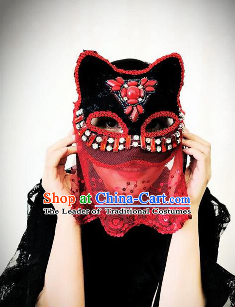 Top Grade Chinese Theatrical Headdress Ornamental Masquerade Beads Cat Mask, Brazilian Carnival Halloween Occasions Handmade Miami Red Lace Veil Mask for Women