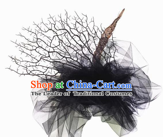 Top Grade Asian Headpiece Headdress Ornamental Branch Feather Hair Accessories, Brazilian Carnival Halloween Occasions Handmade Miami Black Veil Headwear for Women