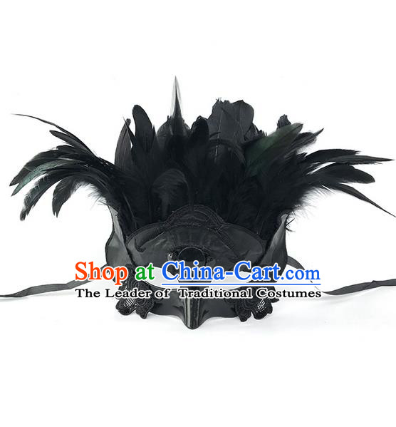 Top Grade Asian Headpiece Headdress Ornamental Black Feather Mask, Brazilian Carnival Halloween Occasions Handmade Miami Cosplay Lace Mask for Men