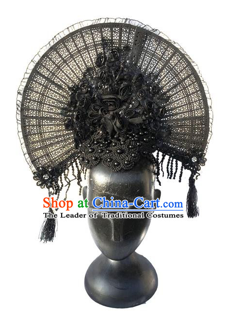 Top Grade Miami Deluxe Asian Chinese Black Fan Lace Hair Accessories, Halloween Brazilian Carnival Occasions Model Show Handmade Hair Clasp Headwear for Women