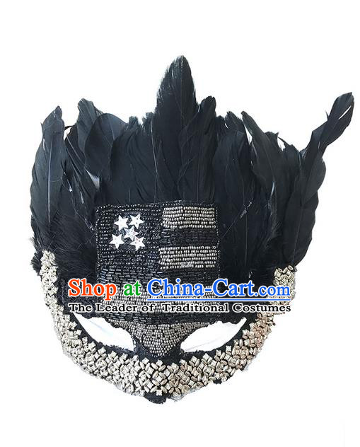 Top Grade Asian Headpiece Headdress Ornamental Cat Crystal Mask, Brazilian Carnival Halloween Occasions Handmade Miami Black Feather Mask for Women