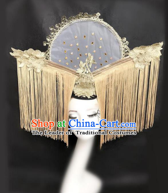 Top Grade Deluxe Asian Chinese Traditional Catwalks Headdress Fan Hair Clasp, Halloween Brazilian Carnival Occasions Model Show Handmade Tassel Headwear for Women