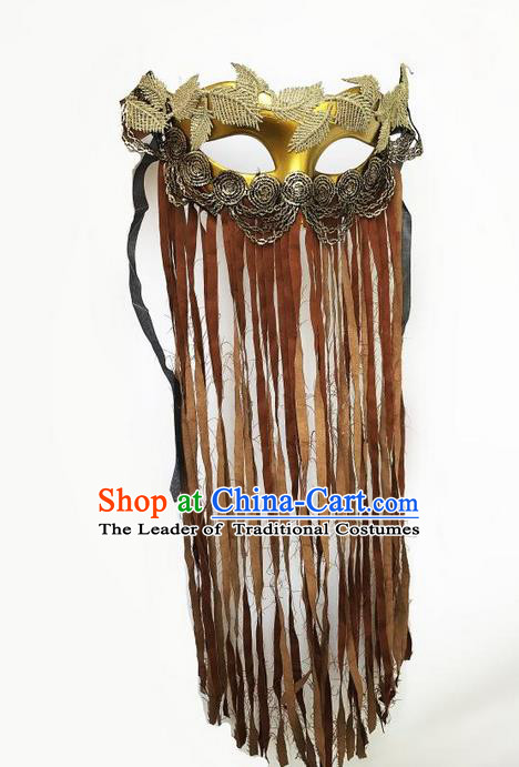 Top Grade Asian Headpiece Headdress Ornamental Cosplay Golden Mask, Brazilian Carnival Halloween Occasions Handmade Miami Vintage Brown Tassel Mask for Women