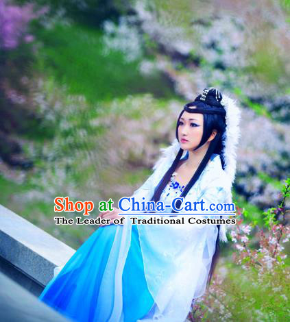 Traditional Ancient Chinese Young Lady Blue Dance Costume, Chinese Tang Dynasty  Fairy Dress Hanfu Embroidered Clothing for Women