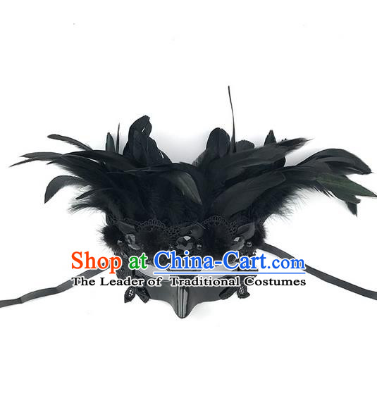 Top Grade Asian Headpiece Headdress Ornamental Black Feather Mask, Brazilian Carnival Halloween Occasions Handmade Miami Cosplay Lace Mask for Men