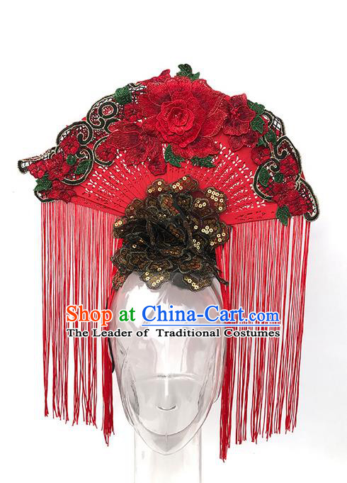 Top Grade Asian China Headpiece Ornamental Fan Hair Accessories, Traditional China Manchu Princess Flowers Floral Headdress Occasions Handmade Headwear for Women