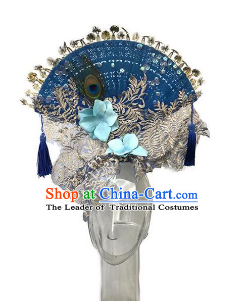 Top Grade Asian China Fan Embroidery Hair Accessories, Traditional China Manchu Princess Flowers Floral Headdress Occasions Handmade Blue Headwear for Women