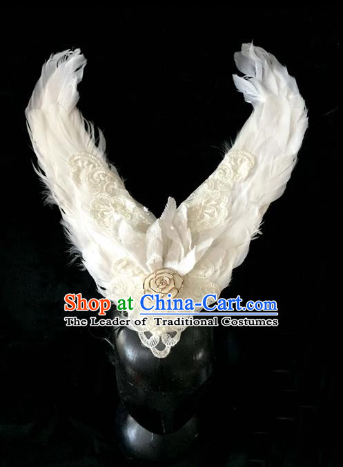 Top Grade Miami Feathers Deluxe Lace Hair Accessories, Halloween White Feather Headdress Brazilian Carnival Occasions Handmade Headwear for Women