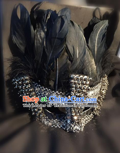 Top Grade Miami Deluxe Black Feather Mask, Halloween Feather Headdress Brazilian Carnival Occasions Handmade Crystal Face Mask for Men