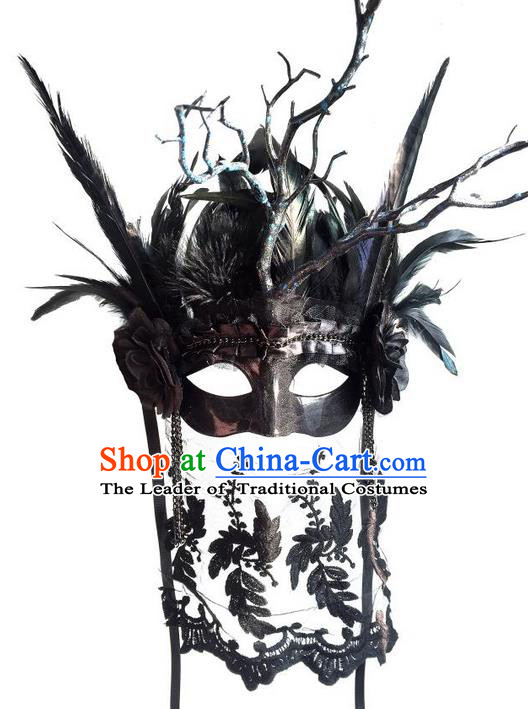 Top Grade Miami Deluxe Black Branch Crystal Mask, Halloween Headdress Brazilian Carnival Occasions Handmade Feather Face Mask for Women