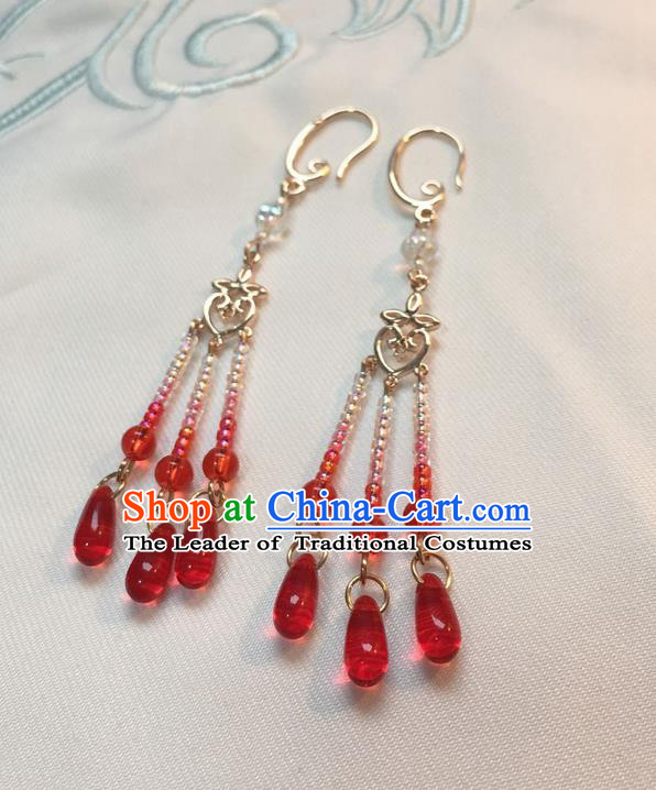 Asian Chinese Traditional Headdress Red Beads Tassel Earrings, China Ancient Handmade Bride Hanfu Crystal Eardrop for Women