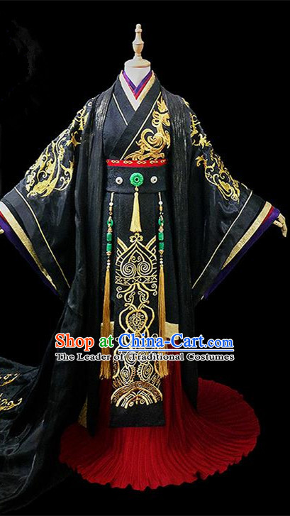 Traditional Ancient Chinese Nobility King Black Embroidered Costume Complete Set, Chinese Tang Dynasty Emperor Robes Hanfu Clothing for Men