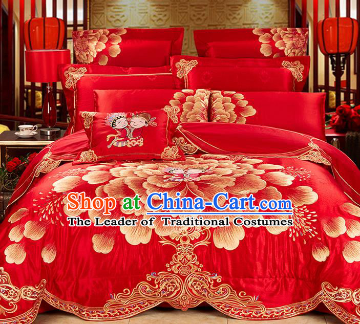 Traditional Asian Chinese Wedding Palace Qulit Cover Bedding Sheet Ten-piece Suit, Embroidered Peony Satin Drill Duvet Cover Textile Bedding Complete Set