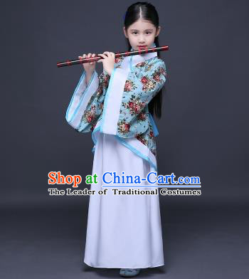 Traditional Ancient Chinese Imperial Princess Printing Costume, Children Elegant Hanfu Clothing Chinese Han Dynasty Blue Curve Bottom Dress Clothing for Kids