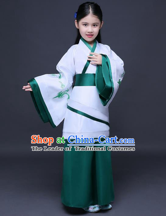 Traditional Ancient Chinese Imperial Princess Printing Phoenix Costume, Children Elegant Hanfu Clothing Chinese Han Dynasty Green Curve Bottom Dress Clothing for Kids