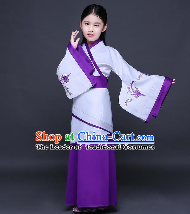 Traditional Ancient Chinese Imperial Princess Printing Phoenix Costume, Children Elegant Hanfu Clothing Chinese Han Dynasty Purple Curve Bottom Dress Clothing for Kids
