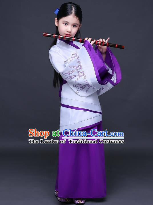 Traditional Ancient Chinese Imperial Princess Fairy Printing Costume, Children Elegant Hanfu Clothing Han Dynasty Purple Curve Bottom Dress Clothing for Kids