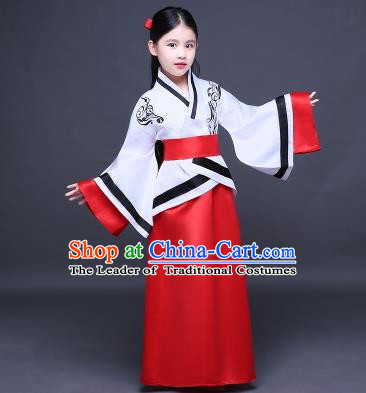 Traditional Ancient Chinese Imperial Princess Fairy Embroidery Costume, Children Elegant Hanfu Clothing Han Dynasty White Curve Bottom Dress Clothing for Kids