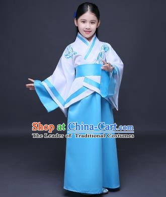 Traditional Ancient Chinese Imperial Princess Fairy Embroidery Costume, Children Elegant Hanfu Clothing Han Dynasty Blue Curve Bottom Dress Clothing for Kids